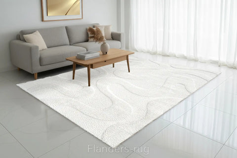雅致抽象線條舒適長毛地毯~6191-13007仙納度白(情境)