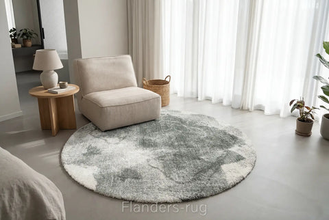 魅力北歐風雙股紗長毛圓形地毯~6747-23098渲染灰綠(情境)