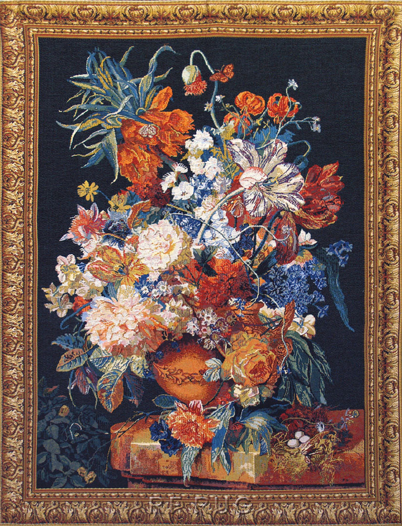 Floral Tapestry, Flemish Art Decor, Black Background, Dutch